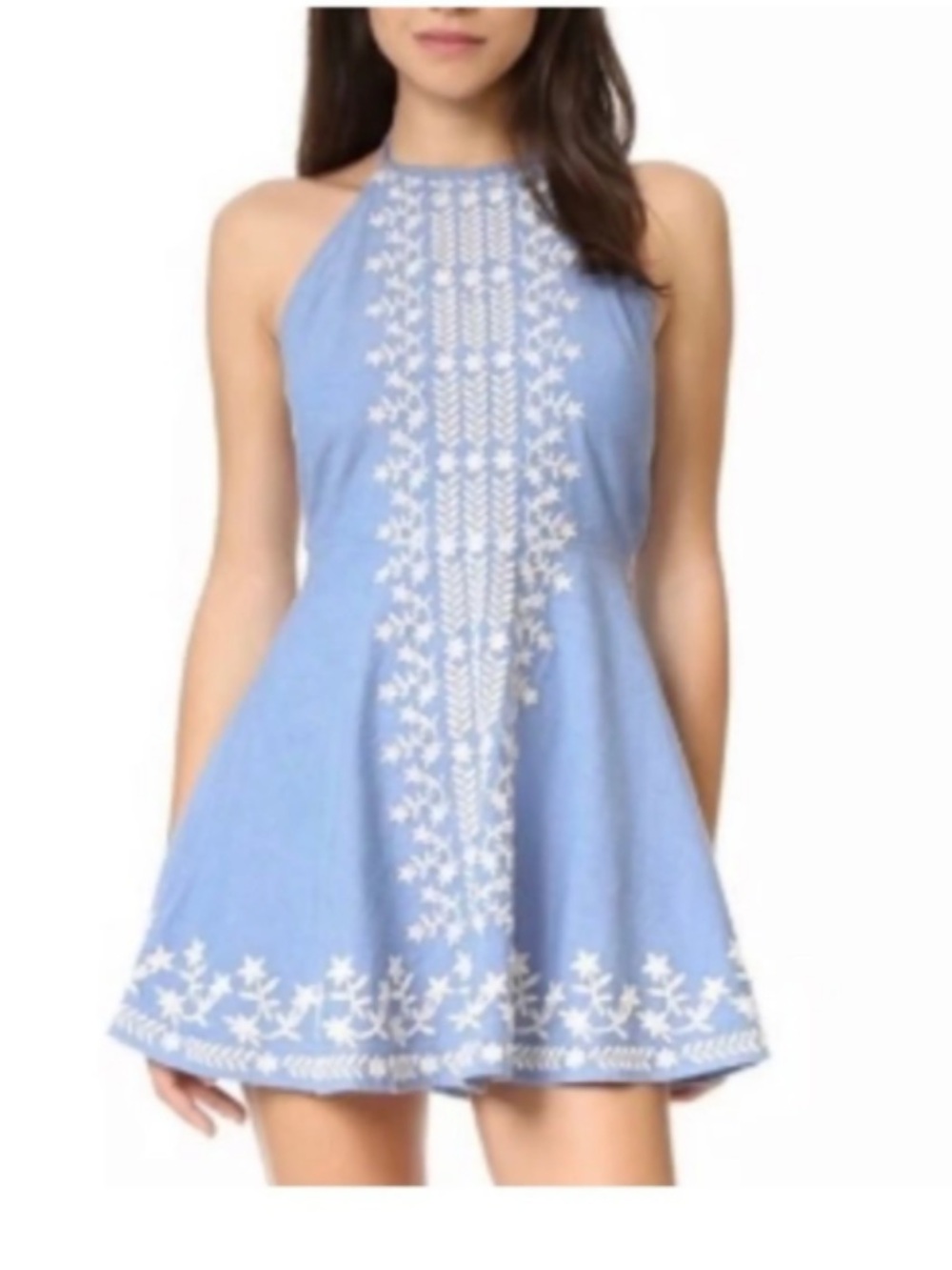 Chelsea & Violet Light Blue Embroidered Halter Mini Dress. Size Large